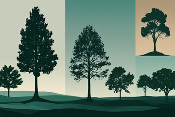 Obraz premium Visual Tree Silhouettes on Minimal Backgrounds - 3D Render Illustration for Landscape Design, Ecology, and Biodiversity