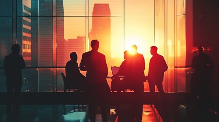 Group of Diverse Business Professionals Collaborating in a Backlit Office Setting During a Corporate Meeting
