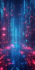 Fototapeta premium Abstract futuristic city with glowing lines and red and blue lights.