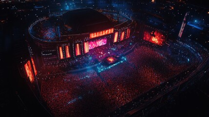 Aerial View of a Concert Stage with a Large Crowd at Night.