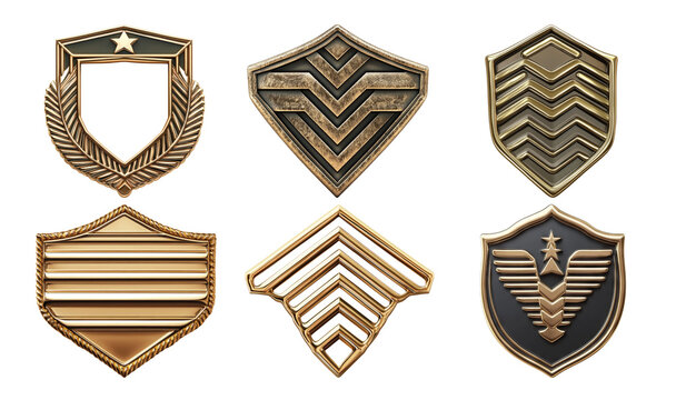Military and Rank Insignia Badges Set in Gold and Bronze Tones with Transparent Background