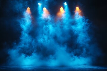 Illuminated stage with scenic lights and smoke. Blue spotlight with smoke volume light effect on black background.