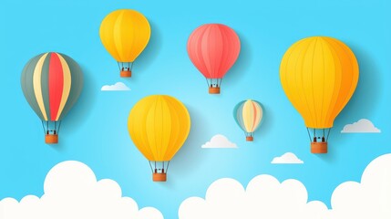 Colorful Paper Hot Air Balloons Flying in the Sky with Clouds