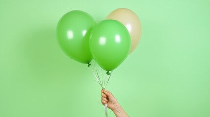 Green and Beige Balloons Held by Hand on Green Background