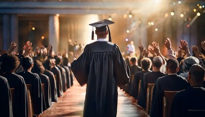 Obraz premium graduate walking across the stage to receive their diploma, with family and friends cheering in the audience. graduate in the graduation