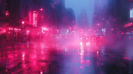Fototapeta premium A rainy night in the city with neon lights reflecting on the wet pavement.