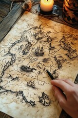Hand Tracing a Hand Drawn Treasure Map with a Pen - Adventure Concept.