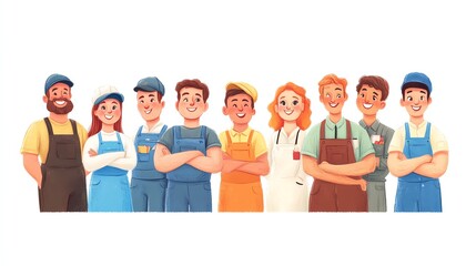 Obraz premium Labor Day workers, diverse professions in uniforms, celebration of teamwork and labor, vibrant colors, isolated on white background