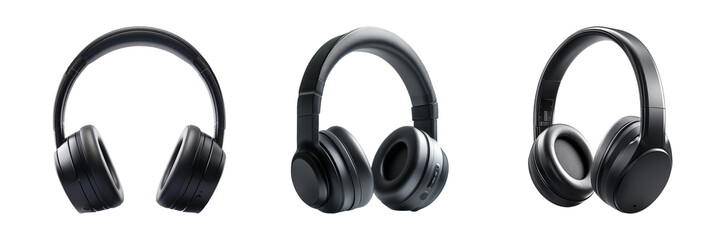 Three Modern Black Wireless Headphones with Transparent Background