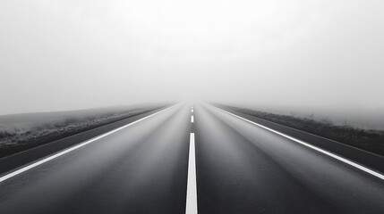 A Black and White Photograph of a Straight Road Disappearing into Fog