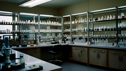 A cluttered laboratory with shelves of beakers, test tubes, and microscopes.