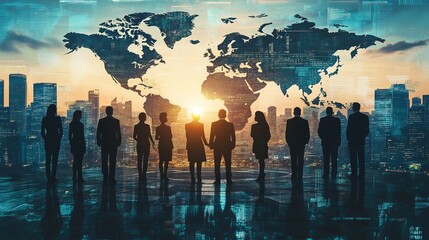 Global Business Strategy and International Market Expansion with Diverse Team of Professionals Collaborating on Digital Technology Solutions