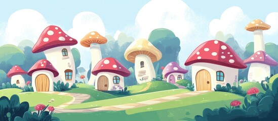 Obraz premium Charming Fantasy Village With Mushroom Roofs Gaming Landscape