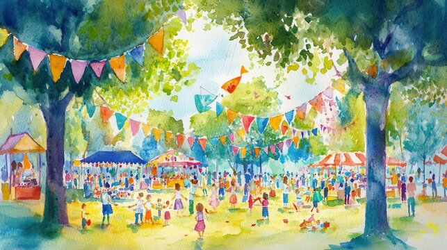 Watercolor Painting of a Summer Festival in a Park with Colorful Flags and People