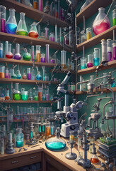 A cluttered laboratory with shelves of beakers, test tubes, and microscopes.
