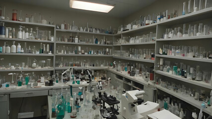 A cluttered laboratory with shelves of beakers, test tubes, and microscopes.