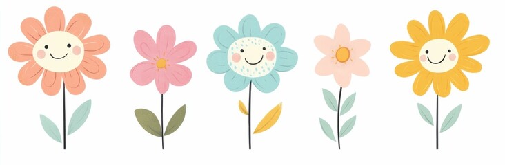 Cute smiling flowers illustration with pastel colors on a white background, ideal for children s decor, greeting cards, or joyful themes Perfect for spring and summer designs