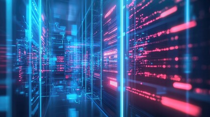 Fototapeta premium Abstract digital coding background with glowing lines, data streams, and digital code in blue and pink hues.