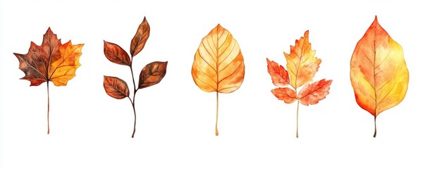 Fototapeta premium A collection of beautifully illustrated autumn leaves in warm colors, perfect for seasonal decor and nature-themed projects.