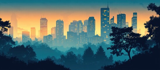 Fototapeta premium Panorama Of Urban Landscape With Skyscrapers Illuminated And Trees In A Foggy Canyon Dark Sky City Park Digital Graphic Art Design Paint By Numbers