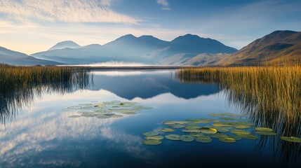 Obraz premium Stunning Sunrise Over a Tranquil Mountain Lake with Lily Pads and Reflections