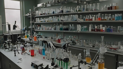A cluttered laboratory with shelves of beakers, test tubes, and microscopes.