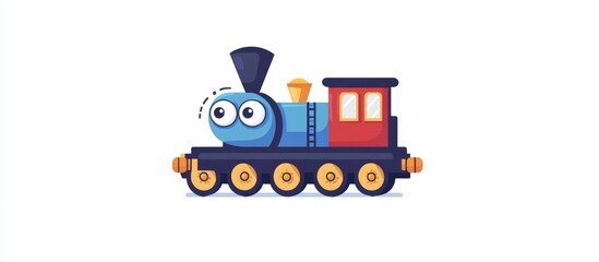 Train logo design featuring a locomotive Minimalistic 2d icon with a surreal touch showcasing a colorful cartoon train with eyes on a white background