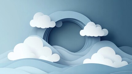 Surreal abstract minimalistic background featuring curved circles and clouds in a paper style 2d illustration