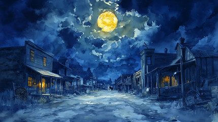 Obraz premium A serene night scene in deserted old town, illuminated by bright full moon. atmosphere is calm yet mysterious, with shadows cast by moonlight on empty streets.