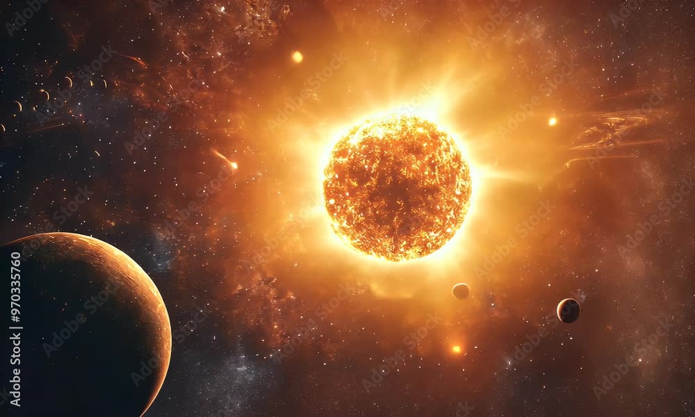 Wall mural a vibrant cosmic scene depicting a bright sun surrounded by stars and planets in space.