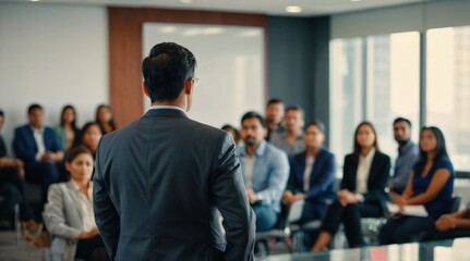 Confident businessman giving a presentation in front of crowd in meeting conference seminar room. Leadership authority teamwork in business concept