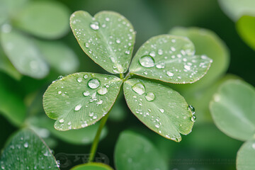 A close-up of a clover leaf with water droplets, showcasing nature's beauty.