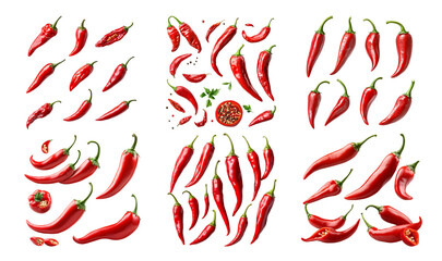 Collection of Various Red Chili Peppers Isolated on Transparent Background