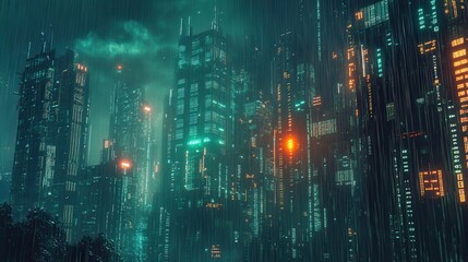 Futuristic Cityscape at Night with Rain and Neon Lights.
