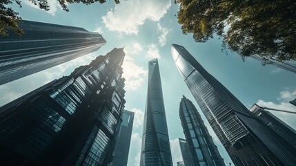 Dynamic Low Angle View of Modern Skyscrapers Against a Clear Sky in a Bustling Chinese City