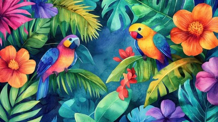 Obraz premium Watercolor Painting of Colorful Parrots in a Lush Tropical Jungle with Vibrant Flowers and Palm Leaves.