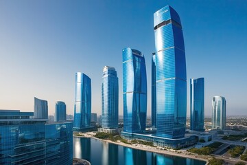 Fototapeta premium Innovative Eco-Friendly Skyscrapers in Modern Financial District with Glass Reflections and Vibrant Blue Design