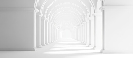 Surreal 3D render featuring an abstract infinite corridor with a vertical white background presenting a dreamlike interior concept
