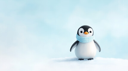 Fototapeta premium A cute penguin wearing light blue scarf stands on snowy surface against soft, cloudy background. This charming scene evokes sense of warmth and joy.