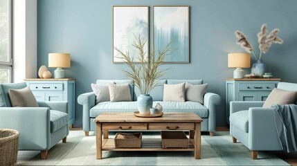 Modern living room interior design with cozy sofa and wood table