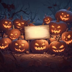 Spooky Halloween Background with Jack-O'-Lantern Pumpkins and Blank Wooden Sign.