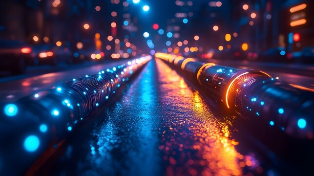 Brightly Lit Fiber Optic Cables Running Underground Leading to a Modern Data Center