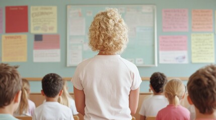 Engaging Classroom Discussion with White Female Teacher and Attentive Students in Bright Educational Setting
