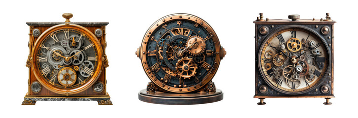 Obraz premium Steampunk Antique Clocks with Intricate Gear Mechanisms and Brass Elements