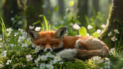 Fototapeta premium A peaceful fox sleeping amidst blooming flowers in a serene forest setting.