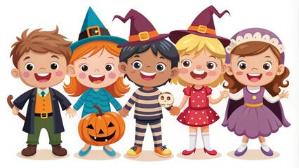 Adorable cartoon kids decked out in Halloween finery join in on the spooky celebration, their grins shining brighter