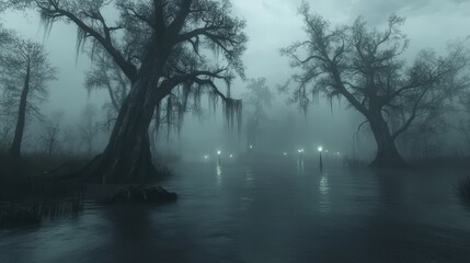 Eerie Foggy Swamp Landscape With Glowing Lights