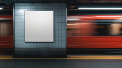 Obraz premium Blank Subway Billboard Mockup with Blurry Red Train in Motion.