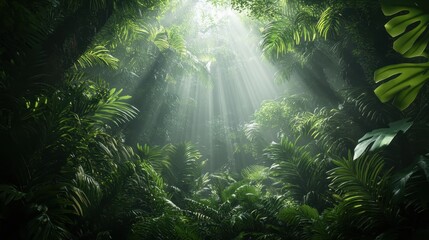 Obraz premium Sunlight Streaming Through Lush Rainforest Canopy, Tropical Jungle Foliage