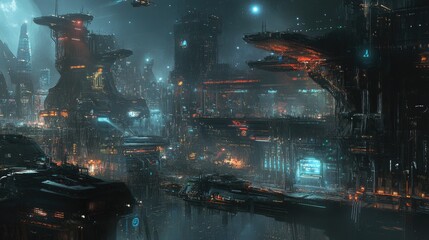 Fototapeta premium A futuristic cityscape with towering buildings, flying vehicles, and neon lights.
